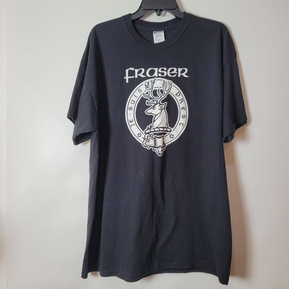 Fraser Clan Je Suis Prest Stag Crest Black T-Shirt 2XL Heavyweight Jerzees Cotto - Picture 1 of 8
